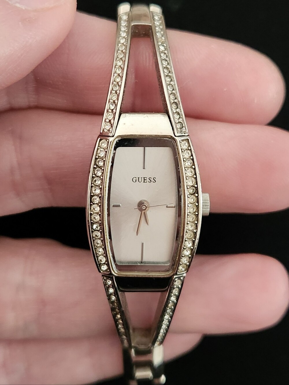 GUESS Silver-Tone Crystal Bangle Watch with White Dial